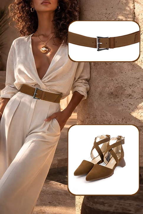 Dress heels closed-back crossed straps in caramel brown leather with  and  - Top view